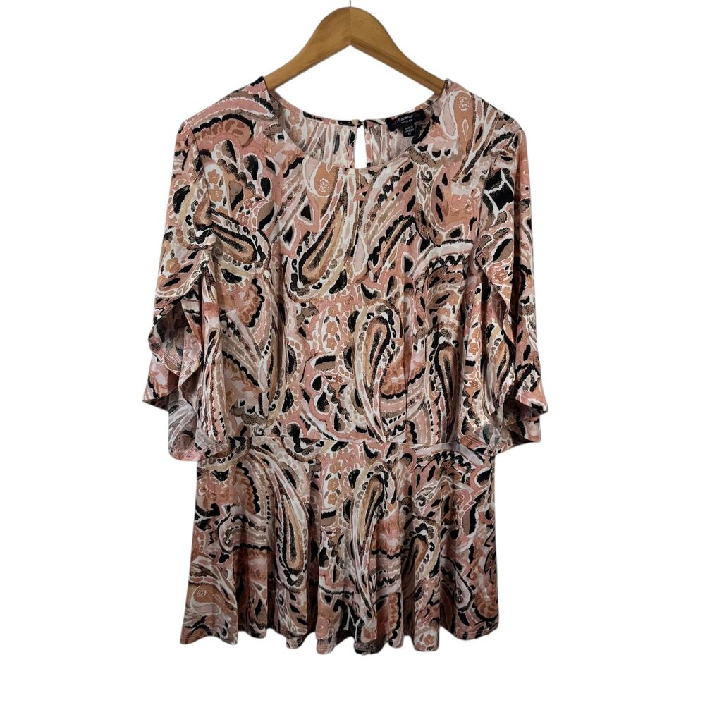 Cocomo Top Women Plus 1X‎ Floral Paisley Orange Liquid Knit Slinky Blouse Office